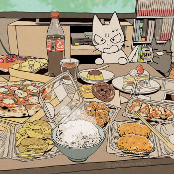 Rule 34 | 2others, bag of chips, beer can, blush, bottle, bowl, cake, cake slice, can, cat, chicken (food), chips (food), chopsticks, coca-cola, cola, condiment packet, container, croquette, cup, donut, drink can, drinking glass, drunk, dumpling, dvd case, dvd player, food, fried chicken, fried food, fruit, highres, holding, holding can, mojacookie, multiple others, no humans, pizza, pizza box, plate, potato chips, potato wedges, pudding, rice, rice bowl, shikaru neko, shikaru neko (character), soda, soda bottle, soy sauce, spoon, steam, strawberry, strawberry cake, surprised, sweatdrop, table, television