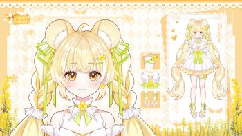 Rule 34 | 1girl, animal ears, blonde hair, braid, frilled skirt, frills, green ribbon, highres, light blush, logo, long hair, luami media, official art, reference sheet, ribbon, shoes, skirt, smile, tani kami, twin braids, virtual youtuber, yellow eyes