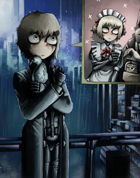 Rule 34 | 1boy, 1girl, :<, absurdres, against railing, alternate costume, alternate hairstyle, animal, aqua eyes, awkward, bird, black bodysuit, black coat, black eyeshadow, blush, bodysuit, bodysuit under clothes, bow, bowtie, breasts, building, buttons, cityscape, closed mouth, coat, commentary, cowboy shot, crossed arms, cyborg, embarrassed, eyeshadow, grey hair, hair bow, hair ornament, hairclip, hand on own shoulder, hashtag-only commentary, heart hands failure, highres, holding, holding animal, holding bird, liskim, maid, maid headdress, makeup, marie (peripeteia), mechanical arms, medium breasts, multiple views, night, nose, open clothes, open coat, out of frame, outdoors, peripeteia, pigeon, pointy nose, railing, rain, red bow, red bowtie, runny makeup, self hug, short hair, short twintails, skyline, skyscraper, soldier, solo focus, sparkle, sparkling aura, speech bubble, spoken character, standing, trench coat, triangle button, twintails, wet