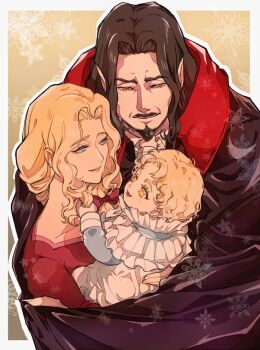 1girl 2boys alucard_(castlevania) baby black_cloak black_hair blonde_hair blue_eyes border castlevania_(netflix) castlevania_(series) cloak closed_mouth commentary_request couple dracula_(castlevania) dress facial_hair family fingernails goatee hand_in_another's_hair hetero lisa_tepes mature_male multiple_boys ocomor3 open_mouth parted_lips pointy_ears red_dress red_eyes sharp_fingernails smile upper_body wavy_hair white_border yellow_eyes