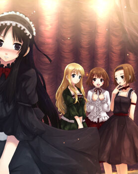 00s 4girls akiyama_mio bad_id bad_pixiv_id black_eyes black_hair blonde_hair blush brown_eyes brown_hair curtains dress frills fuwafuwa_time gothic_lolita hirasawa_yui ho-kago_tea_time k-on! kotobuki_tsumugi lights lolita_fashion long_hair multiple_girls short_hair tainaka_ritsu yakka