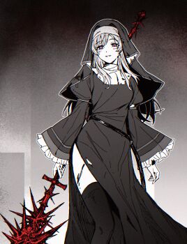 Rule 34 | 1girl, black dress, black hat, black thighhighs, blood, blood on clothes, blood on leg, blush, commentary request, dress, feet out of frame, frilled sleeves, frills, grey hair, hat, highres, holding, holding weapon, idolmaster, idolmaster shiny colors, long hair, looking at viewer, nun headdress, purple eyes, qaqyes re, red pupils, smile, solo, spiked, straight hair, thighhighs, very long hair, weapon, weapon request, yukoku kiriko