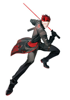 1boy absurdres adam_taurus black_gloves black_jacket black_pants black_shoes buckle eihara emblem faunus_(rwby) fighting_stance floral_print flower gloves highres holding holding_sheath holding_sword holding_weapon horns jacket katana mask pale_skin pants red_flower red_hair red_rose red_sash rose rose_print rwby sash scabbard sheath shoes short_hair simple_background solo standing sword twisted_torso weapon white_background white_mask wilt_and_blush