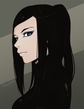 1girl artist_name black_hair blue_eyes close-up closed_mouth ergo_proxy eyeshadow female_focus grey_background ilya_kuvshinov_(style) koyorin lips long_hair looking_at_viewer makeup profile re-l_mayer simple_background solo two-tone_background