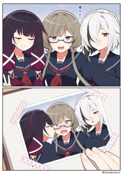 3girls akisaka_akira arlecchino_(genshin_impact) black_eyes black_hair blush book closed_eyes columbina_(genshin_impact) commentary_request genshin_impact glasses kiss kissing_cheek multicolored_hair multiple_girls photo_(object) picture_book purple_streaks sailor_collar sandrone_(genshin_impact) school_uniform selfie serafuku short_hair_with_long_locks smile symbol-shaped_pupils tape v white_hair x-shaped_pupils yuri