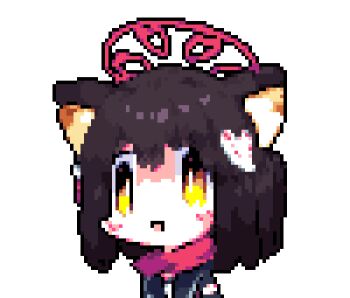 1boy 1girl animal_ears animated animated_gif black_gloves black_hair blue_archive blush_stickers chibi closed_eyes closed_mouth coffee_mug computer cup desk downvote_(downvote_me) fang gloves hair_between_eyes hair_ornament halo izuna_(blue_archive) laptop long_sleeves looking_at_viewer medium_hair mug no_nose open_mouth pink_halo pixel_art sailor_collar sensei_(blue_archive) shirt skin_fang throwing upper_body yellow_eyes