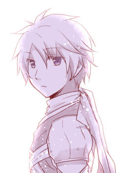 Rule 34 | 1boy, armor, assassin (ragnarok online), bandages, bandages over clothes, chiya (beastbeast), closed mouth, commentary request, expressionless, looking at viewer, male focus, monochrome, pauldrons, purple theme, ragnarok online, shirt, shoulder armor, simple background, sleeveless, sleeveless shirt, solo, upper body