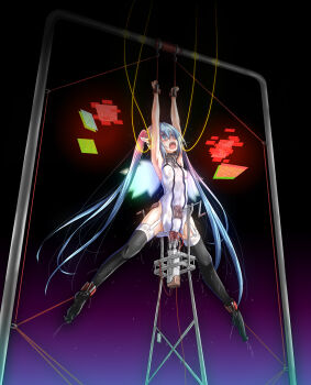 1girl absurdres arms_up bdsm blue_eyes blue_hair blush bondage bound bound_ankles bound_wrists breasts broken broken_chain chain collar dildo female_focus forced_orgasm full_body fumihiro highres long_hair matching_hair/eyes nymph_(sora_no_otoshimono) object_insertion open_mouth orgasm pussy_juice restrained sex_machine sex_toy small_breasts solo sora_no_otoshimono spread_eagle_position spread_legs stationary_restraints tears thighhighs twintails vaginal vaginal_object_insertion very_long_hair wings