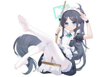 1girl apron aqua_halo aris_(blue_archive) aris_(maid)_(blue_archive) arm_up between_legs black_dress black_hair blue_archive blue_eyes blue_pupils blue_ribbon closed_mouth collared_dress commentary_request convenient_censoring dress feet full_body halo hand_up high_ponytail highres holding holding_mop knees_up legs legs_up light_blush long_hair long_sidelocks looking_at_viewer maid maid_apron middle_part mofan_sama mop multi-source_commentary neck_ribbon no_shoes nose_shade official_alternate_costume official_alternate_hairstyle pantyhose parted_hair petticoat plantar_flexion ponytail puffy_short_sleeves puffy_sleeves reclining rectangular_halo ribbon ringed_eyes salute short_dress short_sleeves sidelocks simple_background smile soles solo split_mouth tareme upskirt variant_set very_long_hair white_background white_headdress white_pantyhose wristband