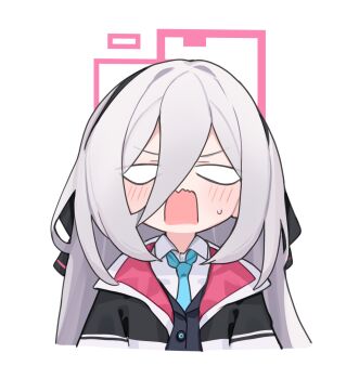 1girl aqua_necktie black_hairband black_jacket blue_archive chibi chibi_only commentary_request grey_hair hair_between_eyes hairband halo highres jacket kei_(blue_archive) kei_(student)_(blue_archive) mikozin necktie no_pupils open_mouth pink_halo simple_background solo upper_body white_background
