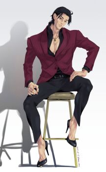 Rule 34 | 1boy, absurdres, akiyama shun, alternate footwear, black hair, commentary request, high chair, high heels, highres, jacket, jewelry, male focus, necklace, nicacu, on stool, partially open shirt, pectoral cleavage, pectorals, pinstripe jacket, pinstripe pattern, red jacket, ryuu ga gotoku (series), ryuu ga gotoku 4, shadow, sitting, smile, solo, watch, wristwatch