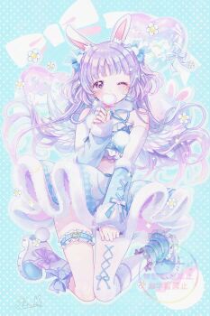 Rule 34 | 1girl, absurdres, animal ear fluff, animal ears, bare shoulders, belt, blue background, blue bow, blue skirt, blunt bangs, blush, boots, bow, commentary request, crop top, detached sleeves, footwear bow, frilled thigh strap, full body, fur-trimmed skirt, fur trim, hair bow, highres, kousagi, long hair, long sleeves, looking at viewer, one eye closed, original, pantyhose, polka dot, polka dot background, purple bow, purple hair, rabbit ears, rabbit girl, red eyes, single leg pantyhose, skirt, solo, thigh belt, thigh strap, white boots, white pantyhose, white sleeves