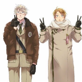 2boys ahoge america_(hetalia) america_(hetalia)_(cosplay) arrow_(symbol) artist_request axis_powers_hetalia bad_id bad_pixiv_id belt black-framed_eyewear black_belt black_gloves blonde_hair blue_eyes blush breast_pocket brown_jacket brown_pants closed_mouth coat collared_shirt cosplay costume_switch cowboy_shot double_v fur-trimmed_jacket fur_trim glasses gloves green_necktie grey_coat grey_hair hand_up hands_up jacket lapels leather leather_gloves long_sleeves looking_at_viewer male_focus medal military_jacket military_uniform multiple_boys necktie open_clothes open_jacket open_mouth pants pocket puffy_long_sleeves puffy_sleeves purple_eyes russia_(hetalia) russia_(hetalia)_(cosplay) scarf semi-rimless_eyewear shirt short_hair simple_background smile standing star_(symbol) star_ornament star_print teeth v white_background white_scarf white_shirt