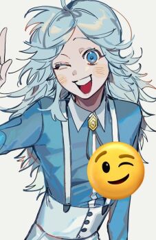 1boy androgynous blue_eyes blue_hair bolo_tie collared_shirt emoji iwakiyamayukisatoshironanogojuurokushi_akira kemono_jihen long_hair long_sleeves male_focus one_eye_closed open_mouth shirt si_wan solo suspenders teeth upper_body upper_teeth_only