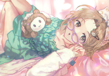 1girl adjusting_eyewear blonde_hair brown_eyes commentary commentary_request detached_sleeves dress facing_viewer forehead green_dress hair_ornament hairclip hand_up highres ichikawa_hinana idolmaster idolmaster_shiny_colors indoors knees_up long_sleeves looking_over_eyewear lying medium_dress on_back on_bed otsudou purple-framed_eyewear solo white_sleeves