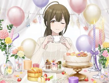1girl ahoge balloon brown_eyes brown_hair cake candle cherry cup fire food fruit holding idolmaster idolmaster_shiny_colors kuwayama_chiyuki leaf official_art one_eye_closed smile solo strawberry table teacup vase