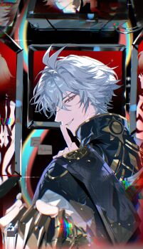 2boys absurdres antenna_hair black_shirt blue_eyes chinese_commentary clawed_gauntlets coat commentary_request finger_to_mouth highres holding_hands honkai:_star_rail honkai_(series) liaoxiaoyan0919 looking_at_viewer looking_back multiple_boys mydei_(honkai:_star_rail) phainon_(honkai:_star_rail) shirt short_hair shushing solo_focus sun_print white_coat white_hair yaoi