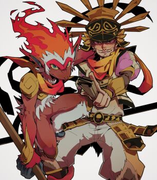 Rule 34 | armor, blue eyes, brown eyes, brown hair, facial hair, fan, folding fan, gen 4 pokemon, grin, hand fan, helmet, infernape, japanese clothes, kanzyuku, looking at viewer, mustache, nintendo, parted lips, pointing, pointing at viewer, pokemon, pokemon conquest, pokemon on leg, puffy sleeves, scarf, sengoku musou, sideburns, smile, staff, toyotomi hideyoshi (sengoku musou), white background