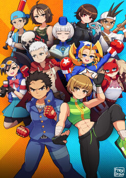 Rule 34 | 4boys, 6+girls, abs, ahoge, backwards hat, bandana, baseball bat, baseball cap, bike shorts, bike shorts under skirt, blonde hair, blue bandana, blue eyes, blue hat, book, boxing gloves, braid, brown eyes, brown hair, camera, camouflage tank top, cleavage cutout, clothing cutout, commentary, crop top, crossover, crown braid, elizabeth (persona), english commentary, facial hair, fingerless gloves, freydraws, gloves, goatee, green shoes, grey eyes, hat, helmet, hibiki ran, highres, holding, holding camera, holding mask, holding unworn helmet, ichimonji batsu, iori junpei, justice gakuen, kazama akira, mask, midriff, motorcycle helmet, multiple boys, multiple girls, niijima makoto, panther (persona 5), pants, persona, persona 3, persona 4, persona 5, pixie cut, ponytail, queen (persona 5), red eyes, sanada akihiko, satonaka chie, sawamura shoma, shoes, short hair, shoulder spikes, sneakers, spiked hair, spikes, star cutout, sweatpants, takamaki anne, tank top, tiffany lords, twintails, unworn headwear, unworn helmet, white hair, wrist wrap