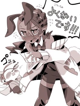 1boy 1girl @_@ animal_ears aroused_nosebleed blood blush blush_stickers chibi chibi_inset collared_shirt covering_chest covering_privates cowboy_shot crossed_arms dark-skinned_male dark_skin embarrassed fake_animal_ears flying_sweatdrops harmony_(pokemon) highres jacket male_playboy_bunny maru_(hachi_47923) monochrome naveen_(pokemon) necktie nintendo nosebleed off-shoulder_jacket off_shoulder open_clothes open_jacket pokemon pokemon_legends:_z-a rabbit_ears rabbit_tail shirt shorts sleeveless sleeveless_shirt sweat tail thighhighs translation_request white_background zettai_ryouiki