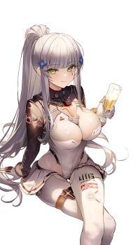 1girl absurdres bodysuit breasts cleavage closed_mouth cup drinking_glass fingerless_gloves food fork girls&#039;_frontline girls&#039;_frontline_2:_exilium gloves green_eyes grey_hair hair_ornament hashtag-only_commentary high_ponytail highres hk416_(girls&#039;_frontline) holding holding_cup klukai_(girls&#039;_frontline_2) klukai_(speed_star)_(girls&#039;_frontline_2) large_breasts long_hair looking_at_viewer official_alternate_costume ponytail rity simple_background sitting smile solo very_long_hair white_background white_bodysuit white_gloves