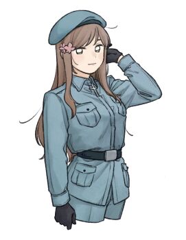 1girl axis_powers_hetalia beret black_gloves blue_hat blue_jacket blue_pants breast_pocket breasts brown_hair clenched_hand closed_mouth collared_jacket commentary_request cowboy_shot cross flower gloves green_eyes hair_flower hair_ornament hand_up hat highres hungary_(hetalia) iron_cross jacket long_hair long_sleeves looking_at_viewer medium_breasts mi_aph_to military military_hat military_jacket military_uniform pants pink_flower pocket sidelocks simple_background smile solo standing white_background