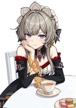 Rule 34 | 1girl, arm on table, bare shoulders, black collar, black sleeves, black tea, blue eyes, blush, bonnet, bow, breasts, brown hair, chair, closed mouth, collar, cup, detached collar, detached sleeves, dress, elbow on table, food, gem, genshin impact, hand on own chin, hashtag-only commentary, head rest, headdress, highres, long sidelocks, long sleeves, looking at viewer, macaron, nanojade, pastry, plate, pout, red gem, sandrone (genshin impact), saucer, short hair, short hair with long locks, sidelocks, simple background, sitting, solo, sweets, table, tea, teacup, white background, white headdress