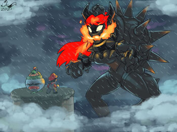 1girl 2021 2boys above_clouds alternate_form black_skin blank_eyes blue_overalls bowser_jr. bracelet breath_weapon breathing_fire caliginousarts claws cloud colored_skin commentary crown dark_cloud english_commentary fire frown fury_bowsette giant giantess glowing glowing_hair hands_up hat highres horns jewelry koopa_clown_car mario mario_(series) monster_girl multiple_boys nintendo outdoors overalls purple_clouds rain red_hair red_hat solo_focus spiked_bracelet spiked_shell spiked_tail spikes super_crown super_mario_3d_world super_mario_3d_world_+_bowser's_fury tail turtle_shell