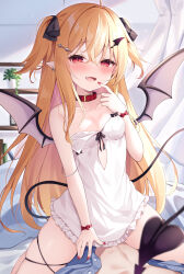 Rule 34 | 1boy, 1girl, bare shoulders, blonde hair, blush, breasts, collar, collarbone, commentary request, demon girl, demon tail, demon wings, dress, ear piercing, fang, finger to mouth, frilled dress, frills, girl on top, hair ornament, hetero, highres, indoors, long hair, looking at viewer, miy@, open mouth, original, piercing, pointy ears, red collar, red eyes, red nails, skindentation, small breasts, smile, solo focus, straddling, strap slip, tail, thighs, two side up, white dress, wings