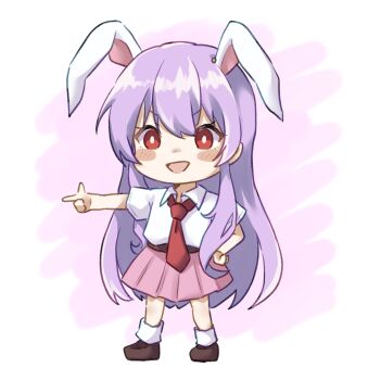 Rule 34 | 1girl, animal ears, blush, brown shoes, carin (c arin1012), chibi, chibi only, commentary request, finger gun, full body, highres, long hair, necktie, open mouth, pink skirt, pleated skirt, purple hair, rabbit ears, rabbit girl, red eyes, red necktie, reisen udongein inaba, shoes, short sleeves, skirt, smile, socks, solo, touhou, very long hair, white socks