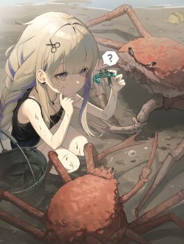 1girl ? absurdres amanogawa_shiina animal animal_earrings bare_arms beach black_camisole blonde_hair bucket camisole commentary crab dirty english_commentary hand_on_own_chin highres holding holding_animal jewelry k_hottok looking_at_animal multicolored_hair necklace phase_connect purple_eyes purple_hair scissors_hair_ornament short_shorts shorts solo spoken_question_mark squatting stroking_own_chin