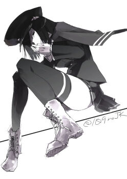 1girl akitsu_maru_(kancolle) bad_id black_eyes black_hat black_jacket black_thighhighs boots breasts gloves hageshii_nakano hand_to_own_mouth hat jacket kantai_collection long_sleeves looking_at_viewer miniskirt own_hands_together pale_skin peaked_cap pleated_skirt short_hair simple_background sitting skirt solo thighhighs twitter_username white_background white_boots white_gloves