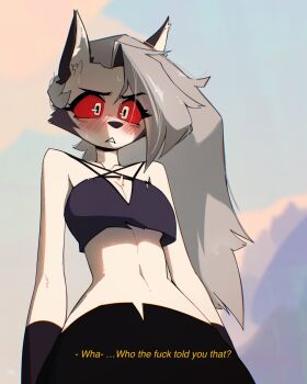 1girl animal_ears animal_nose blush body_fur breasts colored_sclera commentary cowboy_shot crop_top embarrassed english_commentary english_text furry furry_female grey_hair hellaverse helluva_boss highres long_hair looking_at_viewer loona_(helluva_boss) medium_breasts red_sclera shibansfw solo talking white_eyes white_fur wide-eyed wolf_ears wolf_girl