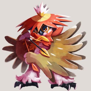 arrow_(projectile) beak bird bow_(weapon) closed_mouth esuke_coil feather_hair feathers highres hisuian_decidueye holding holding_arrow looking_at_viewer nintendo no_humans owl plume pokemon pokemon_(creature) pokemon_focus red_feathers red_pupils simple_background solo weapon winged_arms wings
