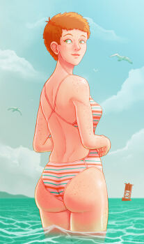 Rule 34 | 1girl, ass freckles, bird, blue sky, body freckles, breasts, buoy, cloud, commentary, freckles, from behind, green eyes, looking back, medium breasts, ocean, orange hair, original, rocktopus64, seagull, shiny skin, short hair, shoulder freckles, simple bird, sky, solo, thigh freckles, very short hair, wading