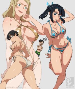 1boy 3girls angry arm_behind_head bikini blonde_hair blue_bikini blue_eyes blue_hair breasts collarbone commentary_request gold_bikini grey_background highres kamezaemon looking_at_viewer medium_breasts medium_hair multiple_girls one_eye_closed original short_hair sidelocks standing standing_on_one_leg swimsuit twintails white_bikini