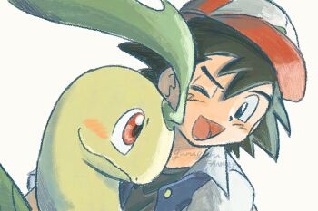 1boy ash_ketchum baseball_cap bayleef black_hair black_shirt blush closed_mouth gen_2_pokemon hat highres jacket leaf nintendo omochi_(aoi_guruguru) one_eye_closed open_clothes open_jacket open_mouth pokemon pokemon_(anime) pokemon_(classic_anime) pokemon_(creature) red_eyes shirt smile upper_body