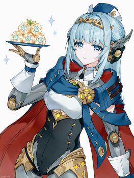 1girl absurdres alternate_costume android aqua_eyes aqua_hair blue_cape cape closed_mouth genshin_impact hair_ornament hat highres holding holding_plate humanoid_robot ineffa_(genshin_impact) long_hair looking_at_viewer nirako_mona plate robot robot_girl simple_background solo white_background