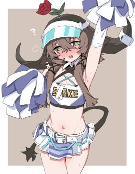 1girl @_@ alternate_breast_size_(smaller) alternate_costume animal_ears arknights arm_up armpits blush border brown_background brown_hair cheerleader cow_ears cow_girl cow_horns cowboy_shot fang flat_chest flower flower_on_head gloves green_eyes groin hair_tubes highres horns long_hair miniskirt navel open_mouth outside_border pallas_(arknights) pom_pom_(cheerleading) raigou red_flower red_rose rose shirt simple_background skirt solo sweat white_border white_gloves white_shirt