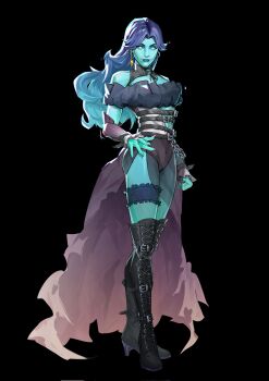 1girl alternate_costume aqua_eyes aqua_skin black_background black_boots blue_garter_belt blue_hair blue_lips boots carlaxstylax chain clothing_cutout colored_skin commentary detached_sleeves earrings english_commentary fantastic_four fingernails full_body garter_belt ghost gradient_hair halloween high_heel_boots high_heels highres jewelry long_hair looking_at_viewer marvel marvel_rivals marvel_rivals_(style) multicolored_hair parted_bangs see-through_clothes see-through_skirt sharp_fingernails skirt solo spider_web_print stomach_cutout sue_storm thigh_boots