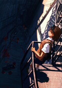 1girl 6+others absurdres against_railing alley bag balcony blood blood_splatter bob_cut body_bag brown_hair brown_vest day eyewear_on_head feitu233 fire_escape from_above full_body highres misaka_imouto multiple_others outdoors power_lines railing running shirt short_hair shoulder_bag smile standing toaru_majutsu_no_index utility_pole vest white_shirt