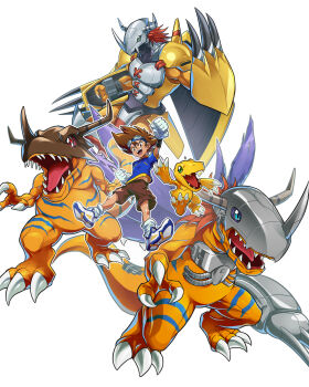 Rule 34 | absurdres, agumon, armor, blue eyes, blue headband, blue shirt, brown eyes, brown hair, brown shorts, claw (weapon), commentary request, cyborg, digimon, digimon (creature), digimon adventure, dinosaur, dragon, evolutionary line, gauntlets, gloves, goggles, goggles on head, green eyes, greymon, headband, helmet, highres, horns, korean commentary, lizard, mechanical arms, metalgreymon, ongheah, red eyes, red hair, shirt, short hair, shorts, shoulder armor, single mechanical arm, wargreymon, weapon, white gloves, yagami taichi, yellow armor
