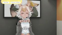 1girl 3d animal_ears animated audible_music coyote_(kemono_friends) dancing gloves headset indoors karaoke kemono_friends kemono_friends_v_project video necktie shirt skirt solo sound tail virtual_youtuber