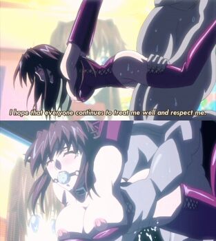 00s 1990s_(style) 1girl animated animated_gif anime_screenshot aya_(kojin_jugyou) ball_gag bdsm bondage bottomless bouncing_breasts bound breasts brown_hair closed_eyes collar english_text fat fat_man female_focus gag gagged indoors kojin_jugyou long_hair nipples pussy_juice retro_artstyle sequential sex split_screen suspension sweat text_focus