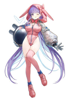 1girl ;q animal_ears bb_(fate) bb_cosmo_(fate) blush boots breasts fake_animal_ears fate/grand_order fate_(series) full_body gloves grey_gloves grey_sleeves hair_ribbon helmet highleg highleg_leotard highres hooded_leotard large_breasts leotard long_hair long_sleeves looking_at_viewer one_eye_closed pink_leotard pink_ribbon puffy_long_sleeves puffy_sleeves purple_eyes purple_hair rabbit_ears revision ribbon shrug_(clothing) siiqa_vivi smile solo space_helmet spacesuit tongue tongue_out very_long_hair