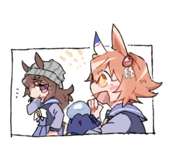 +_+ 2girls :d animal_ears beanie beer_hsk blush_stickers bow brown_eyes brown_hair chibi crystal_ball daruma_doll ears_through_headwear grey_hat hair_between_eyes hair_ornament hat horse_ears horse_girl horse_tail long_sleeves matikanefukukitaru_(umamusume) multiple_girls nakayama_festa_(umamusume) open_mouth pleated_skirt profile purple_eyes purple_shirt purple_skirt school_uniform shide shirt skirt smile striped_clothes striped_headwear tail tracen_school_uniform umamusume vertical-striped_clothes vertical-striped_headwear white_background white_bow