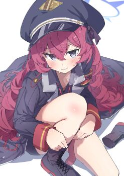 1girl armband blue_archive blue_halo blush boots commentary grey_eyes hair_between_eyes halo hat highres iroha_(blue_archive) long_hair long_sleeves looking_at_viewer necktie peaked_cap red_armband red_hair red_necktie shinshin_(ssnsn_oekaki) simple_background sitting solo thighs white_background