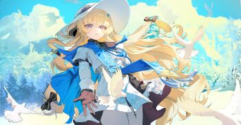 1girl absurdres bird black_gloves blonde_hair blue_eyes blue_sash bright_pupils commentary gloves hair_ornament hat high-waist_skirt highres liwen520 long_hair long_sleeves looking_at_viewer outdoors pantyhose parted_lips phoebe_(wuthering_waves) sash shirt skirt solo tacet_mark_(wuthering_waves) very_long_hair white_bird white_hat white_pantyhose white_pupils white_shirt white_skirt wuthering_waves x_hair_ornament