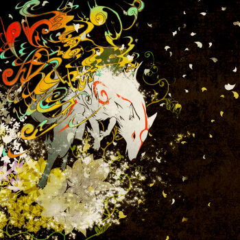 Rule 34 | 1girl, amaterasu (ookami), animal focus, black background, fire, flower, from side, full body, hourouzanmai, markings, no humans, ookami (game), petals, solo, white wolf, wolf