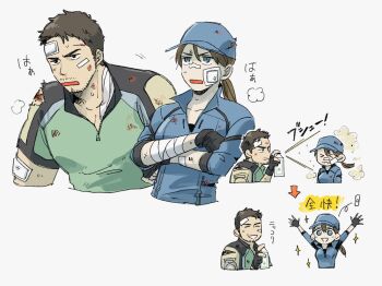 Rule 34 | 1boy, 1girl, bandaid, bandaid on face, beard stubble, black hair, blue eyes, blue hat, brown hair, bruise, chris redfield, commentary request, facial hair, grey background, hat, highres, injury, jill valentine, resident evil, resident evil 5, simple background, smile, sparkle, stubble, t (t345678912), torn clothes